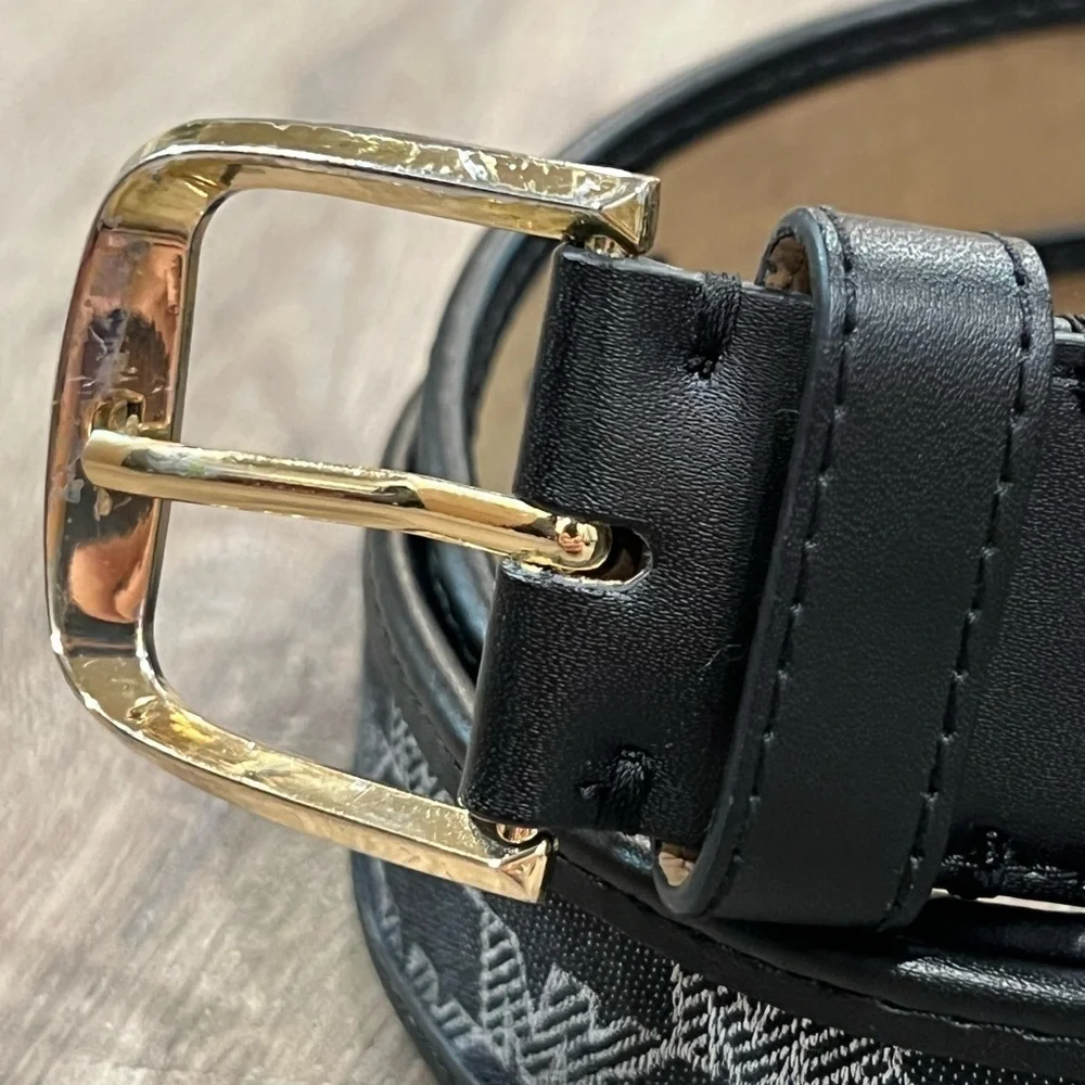 Michael Kors Large (36) Black Canvas Leather MK Brass Logo Buckle Designer Belt
